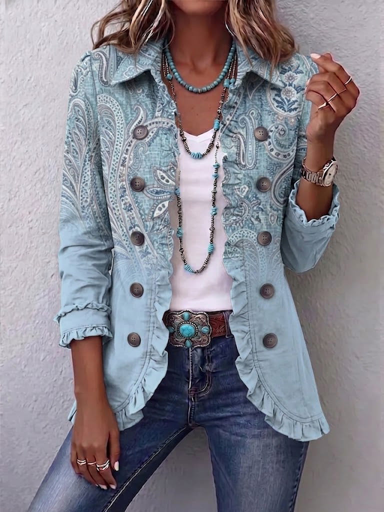 Verolyn sky blue paisley ruffle jacket in sky blue