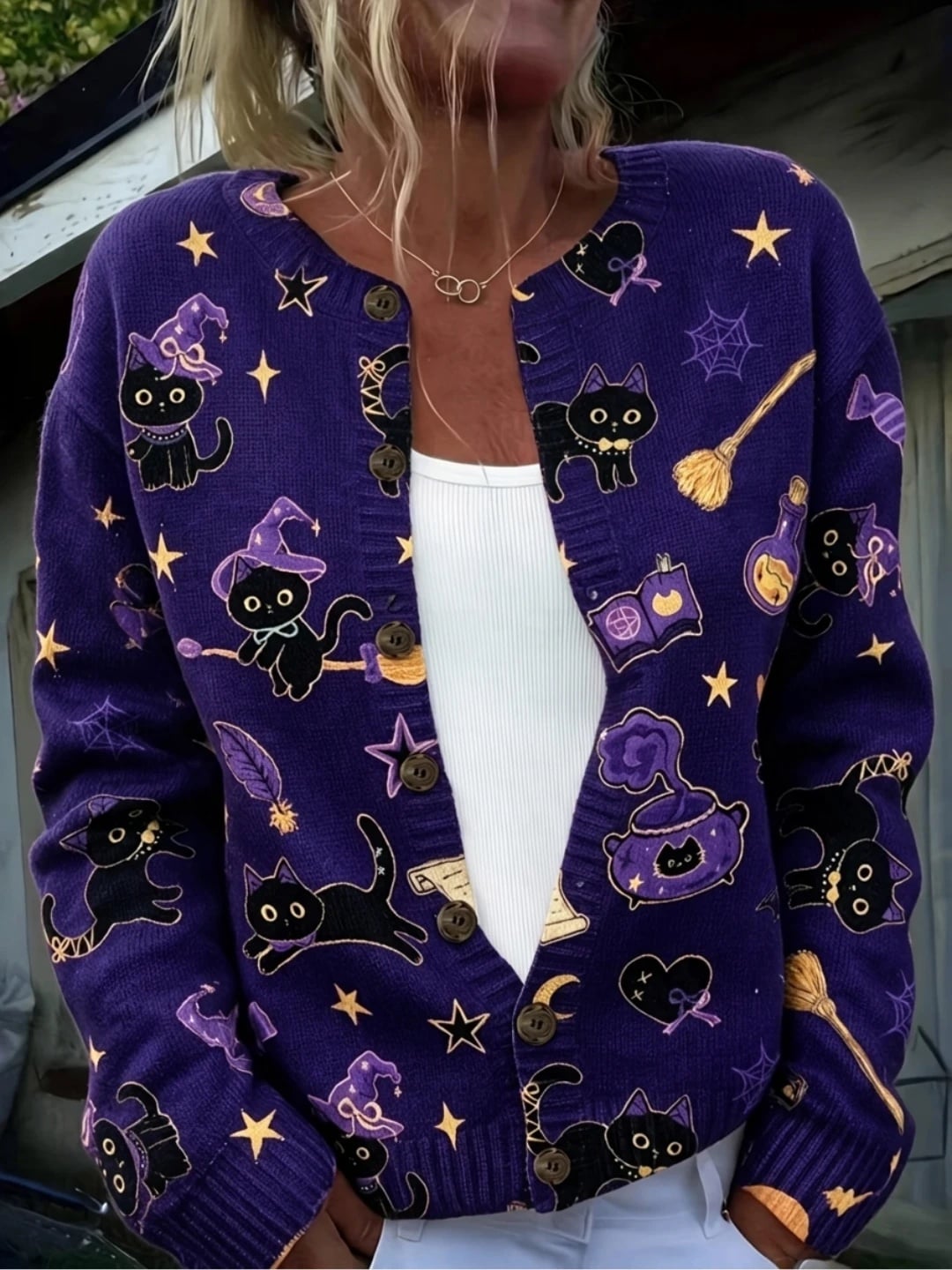 Verolyn purple witch cat halloween cardigan