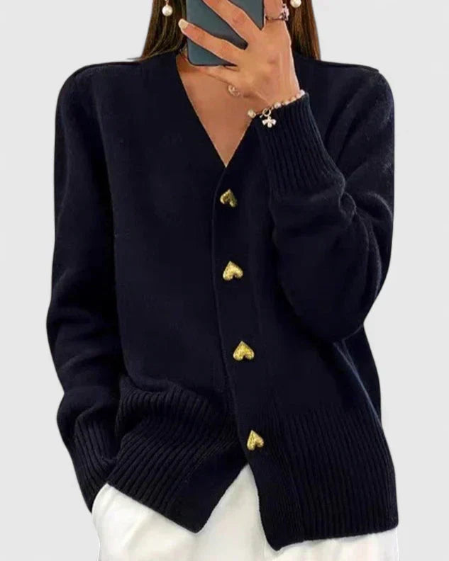 Heart Button V-Neck Cardigan in Black — VerolynBoutique