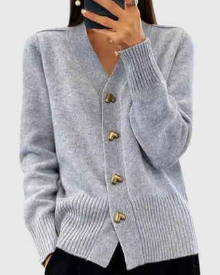 Heart Button V-Neck Cardigan in Grey — VerolynBoutique