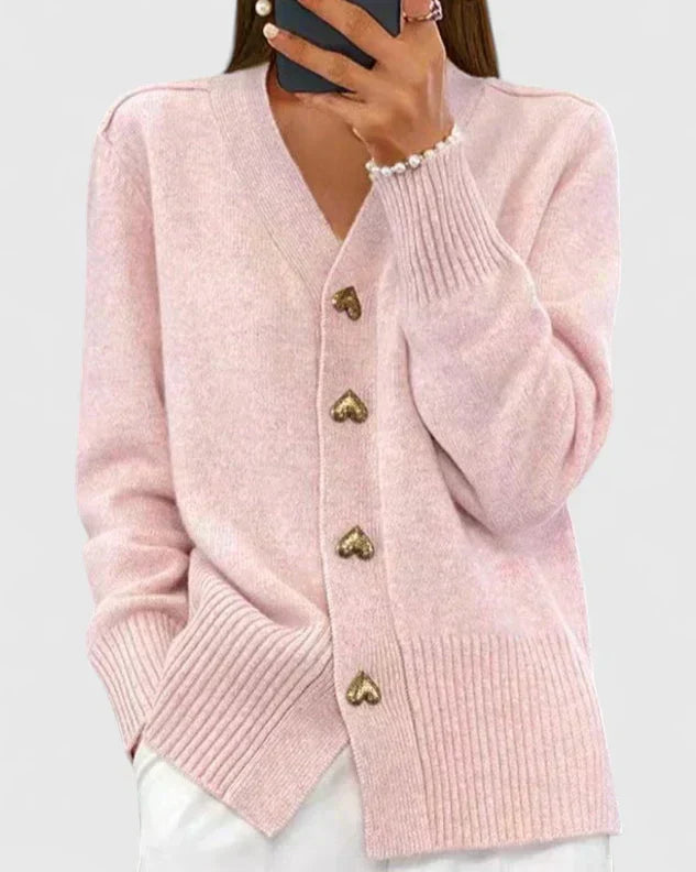Heart Button V-Neck Cardigan in Pink — VerolynBoutique