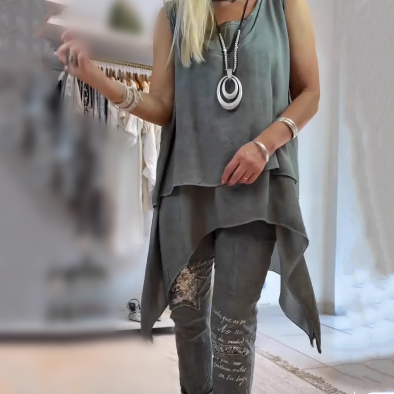 High-Low Top Floral Trouser Set in Grey — VerolynBoutique
