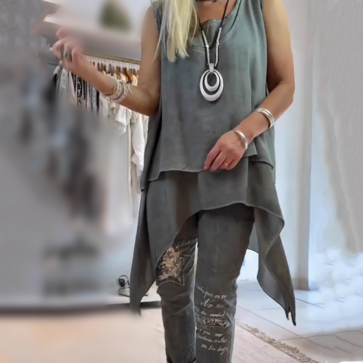 High-Low Top Floral Trouser Set in Grey — VerolynBoutique