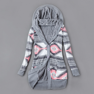 Verolyn plush-lined hooded knit cardigan in grey &amp; pink