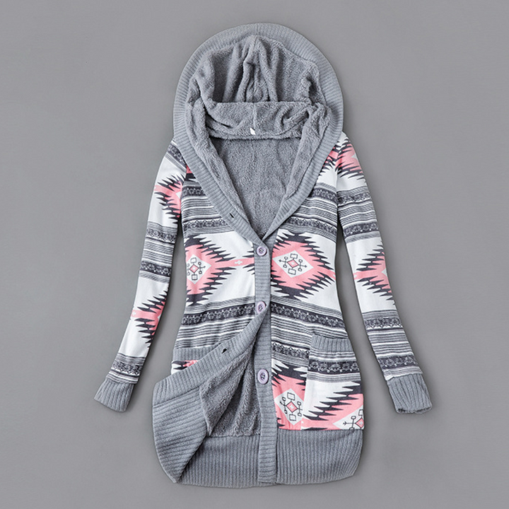Verolyn plush-lined hooded knit cardigan in grey &amp; pink