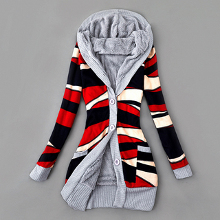 Verolyn plush-lined hooded knit cardigan in black &amp; red