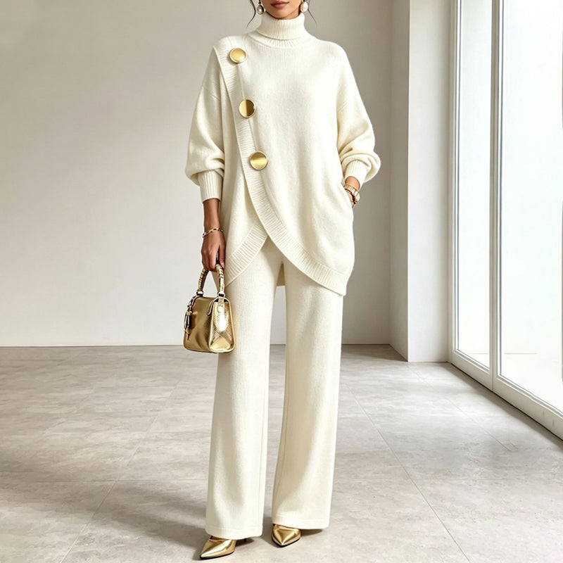 Gold Button Knit Co-ord Set in Ivory — VerolynBoutique