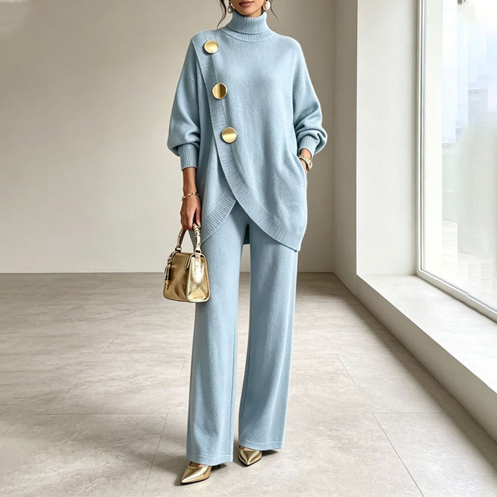Gold Button Knit Co-ord Set in Sky Blue — VerolynBoutique