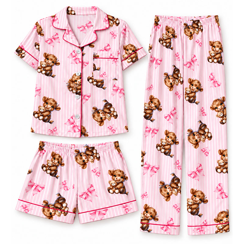 Verolyn highland cow print three-piece pyjama set in pink