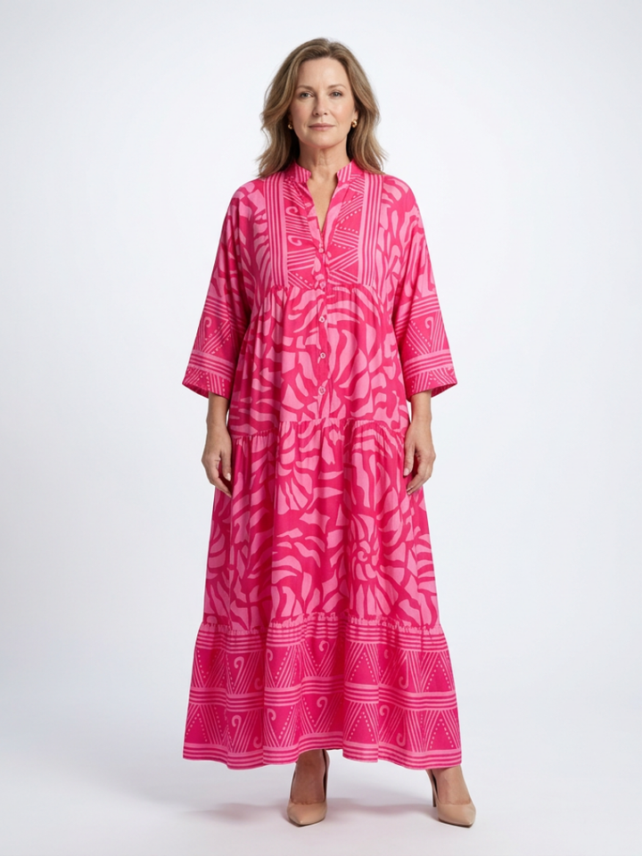 Button-Front Collared Midi Dress in Pink — VerolynBoutique
