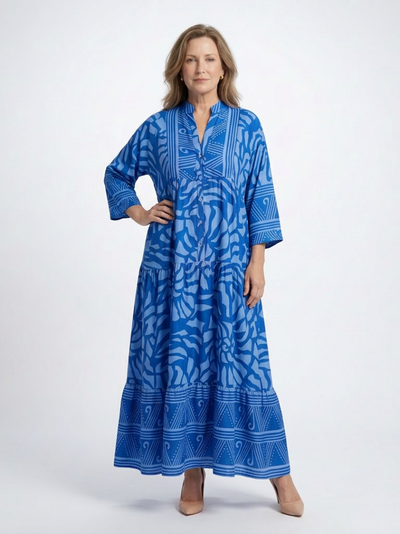 Button-Front Collared Midi Dress in Blue — VerolynBoutique
