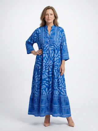 Button-Front Collared Midi Dress in Blue — VerolynBoutique