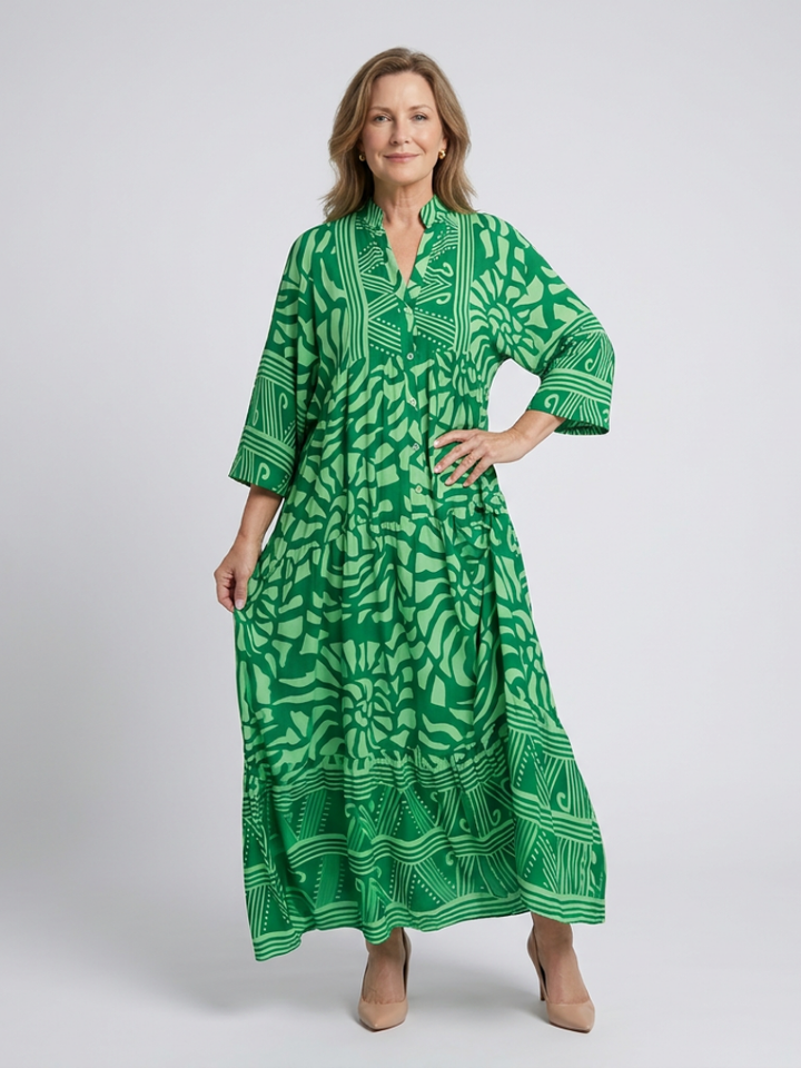 Button-Front Collared Midi Dress in Green — VerolynBoutique