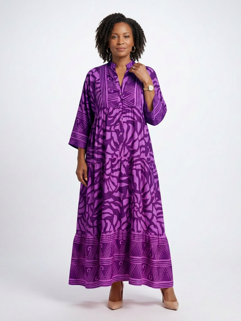 Button-Front Collared Midi Dress in Purple — VerolynBoutique