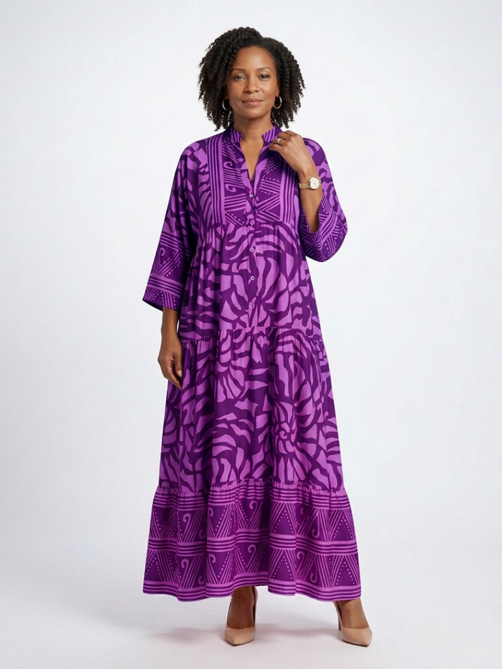 Button-Front Collared Midi Dress in Purple — VerolynBoutique