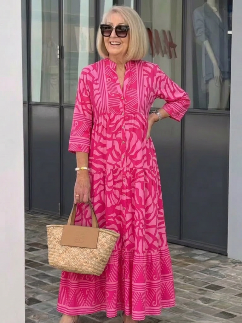 Button-Front Collared Midi Dress in Pink — VerolynBoutique