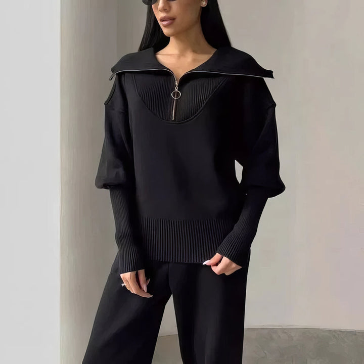Half-Zip Knit Jumper Jogger Set in Black — VerolynBoutique